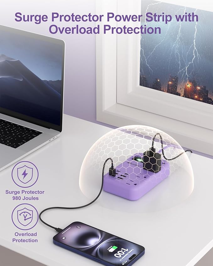 Beeiker 6 USB(2 USB C) Purple Surge Protector Power Strip- 10 Ft Purple Extension Cord with 24W USB Charging Station and 4 Outlets, Pink Desk Accessories for Cute Kawaii Lavender Travel Dorm Room
