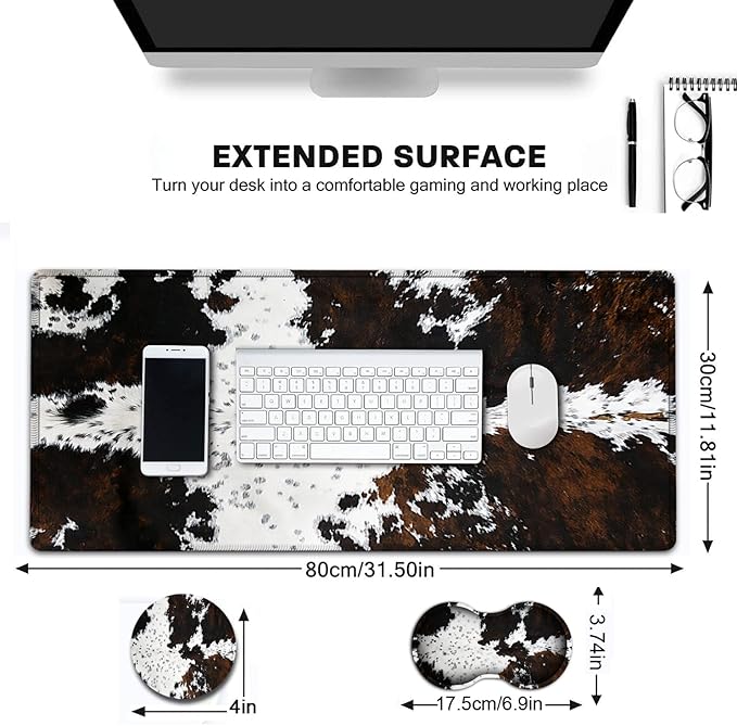 Large Gaming Mouse Pad, 31.5x11.8 in Extended Computer Mouse Mat with Non-Slip PU Base, Ergonomic Memory Foam Keyboard Wrist Rest, for Work & Gaming, Black and White Cow Fur Office Desk Pad