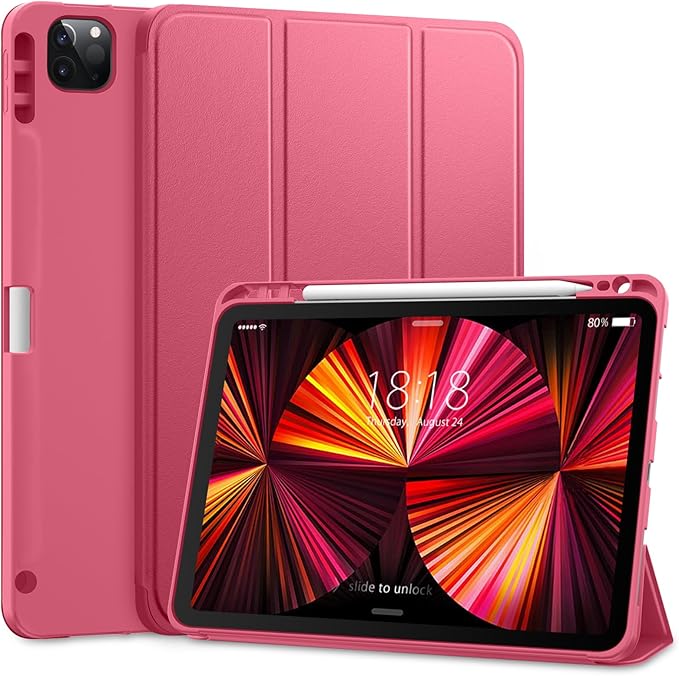 DTTO for iPad Pro 11 inch 4th/3rd/2nd/1st Generation 2022/2021/2020/2018 Case, Smart Slim Trifold Stand Soft TPU Back Cover with Built-in Pencil Holder, Also Fit iPad Air 5/4,Rose Red