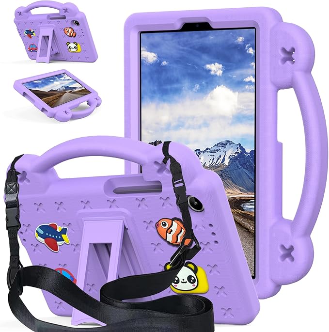 AKABEILA Compatible with Lenovo Tab One 2025 8.7 inch Tablet Case, Kids Friendly Universal Lightweight Shockproof Protective Case with Shoulder Strap & Stand Handle Light Purple