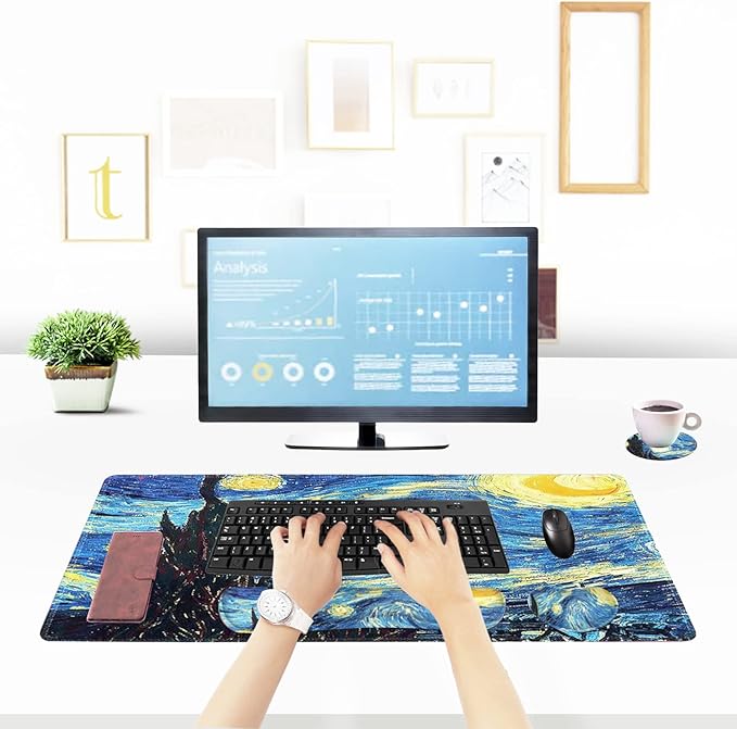 ToLuLu Extended Gaming Mouse Pad, Memory Foam Ergonomic Keyboard Mouse Wrist Rest Support Set, Large Desk Mat with Stitched Edges, Non-Slip Base Mousepad for Home Office, Van Gogh Starry Night