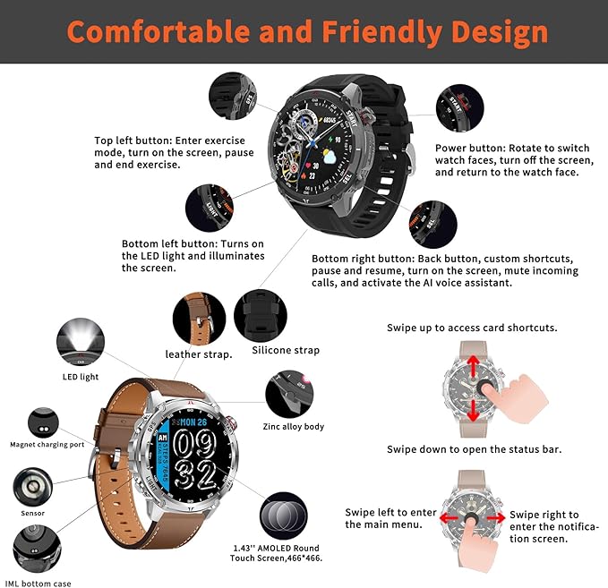 Smart Watch for Men Women, Bluetooth Call, 1.43 Inch Touchscreen Fitness Tracker with Heart Rate, SpO2, Sleep Monitoring, Sports Smartwatch with GPS, Multiple Sport Modes, IP68 Waterproof