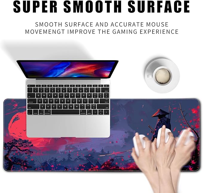 Japanese Gaming Samurai Red Large Gaming Mouse Pad Keyboard Desk Pad Extended Mouse Pad Gaming Office Decor, Pc Laptop Mouse Pads Large (31.5x11.8 in) with Stitched Eges Non-Slip Base Mousepad XL