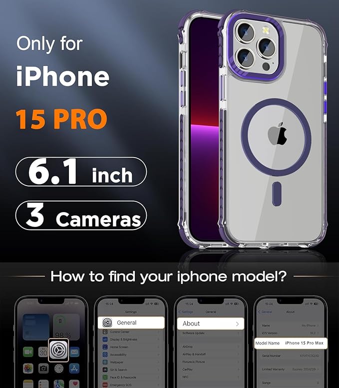 DEERLAMN Strong Magnetic Case for iPhone 15 Pro 6.1-Inch,[Compatible with Magsafe] Clear Slim Shockproof Protective Phone Cover for Women Men-Transparent+Purple
