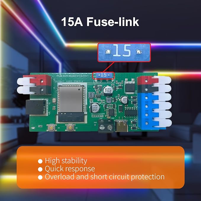 ESP32 WLED LED Strip Light Controller 4 Channel Output 15A Fuse Link Level Shifter UART Download DIY Dynamic Lighting Mode APP Voice Control for Digital WS2811 WS2812 WS2815 SK6812 RGB IC String