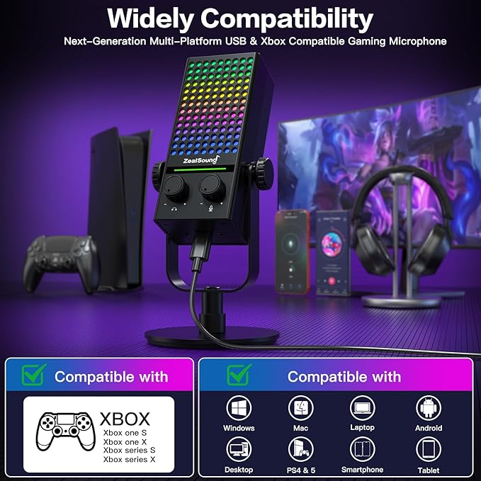 ZealSound Gaming Microphone for Xbox, PC & Mac, Noise Cancellation Streaming Mic with One Tap Mute, RGB Lighting, Monitoring, Gain Control, Condenser Mic for iPhone, Computer, Podcast, Gamer, YouTube