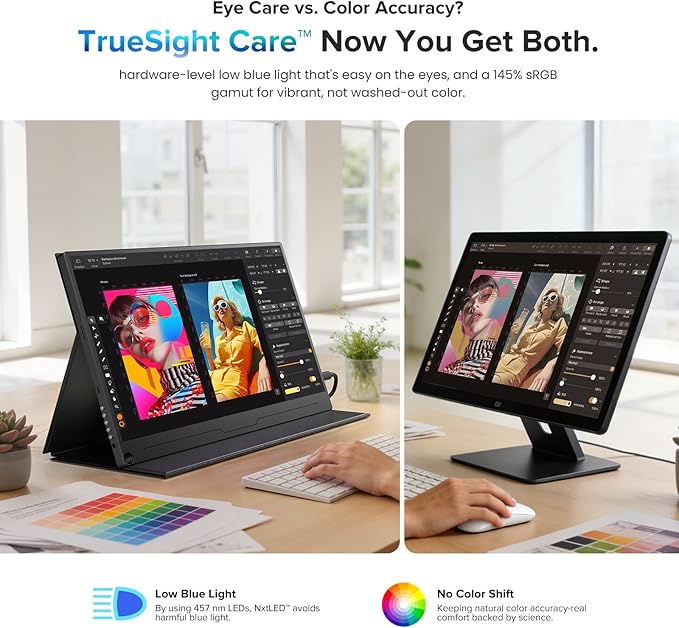 UPERFECT Portable Monitor 15.6”, NxtLED™ Eye Care Laptop Monitor, 125% sRGB 1080P, Flicker-Free Low Blue Light Display, USB-C & HDMI & VESA, Travel Second Screen for Computer, Mini PC, Game Consoles