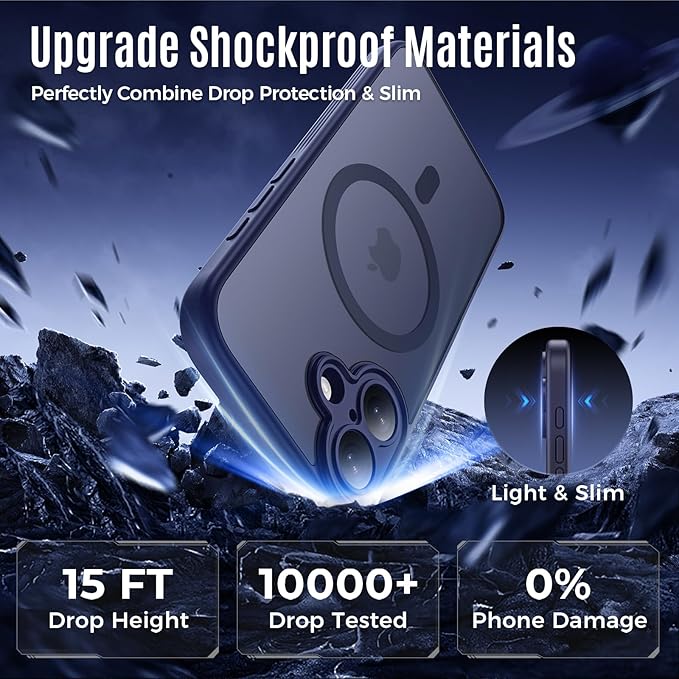 Symcele Designed for iPhone 17 Case, Compatible with MagSafe, [Camera Protection] [15FT Military Droptection] Shockproof Translucent Matte Anti-Slip Phone Case, 6.3", Deep Blue