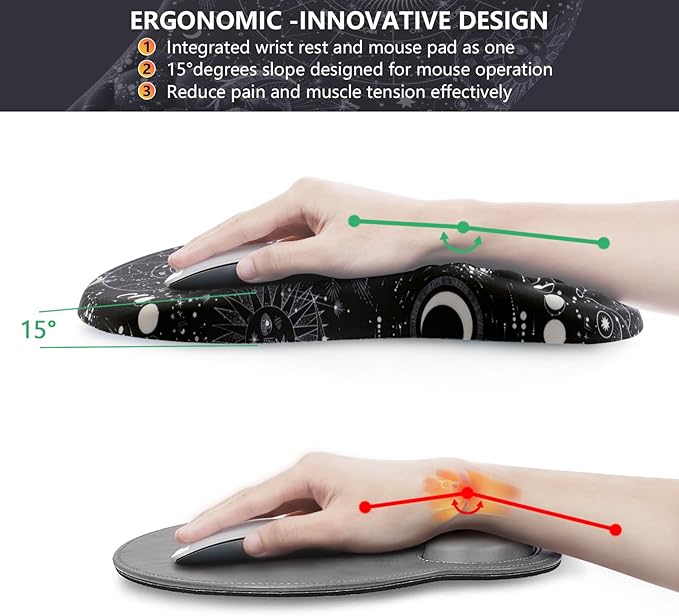Mouse Pad Wrist Support, Ergonomic Mouse Pad with Wrist Rest, Comfortable Computer Mouse Pad for Laptop, Pain Relief Mousepad with Non-Slip PU Base Sun Moon