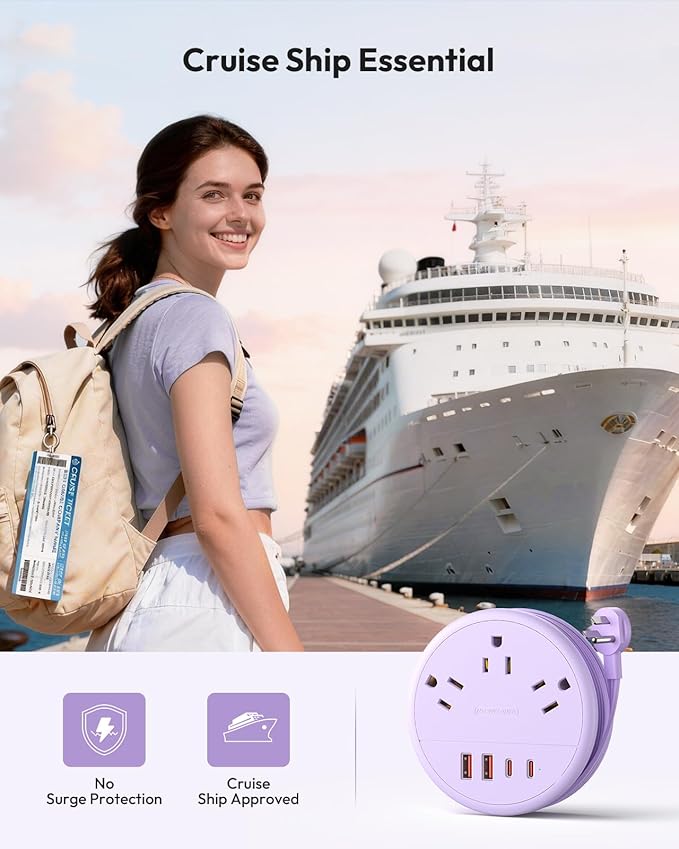 NTONPOWER Purple Travel Power Strip 20W, Travel Essentials, Cruise Essentials 2026 3 Outlets 4 USB Ports(2 USB C), 4FT Wrapped Around Extension Cord for Travel Cruise Ship Beach Vacation Essentials