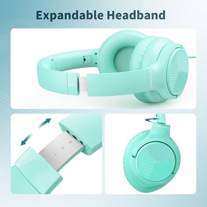 Botesty Sound Headphones Wired with Microphone, Over Ear Foldable 3.5mm Plug in Headphones Corded with 4.9ft Tangle-Free Nylon Cord for Tablet, Laptop, MP3/4, School, Airplane Travel (Green)