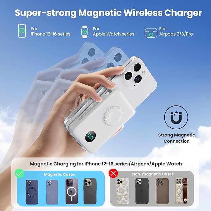Magnetic Portable Charger for MagSafe with Built-in Cable, iWatch Charger, 10800mAh Wireless Power Bank Travel Essentials, 25W PD Fast Charging Battery Pack for iPhone 17/16/15/14/13,Apple Watch-White