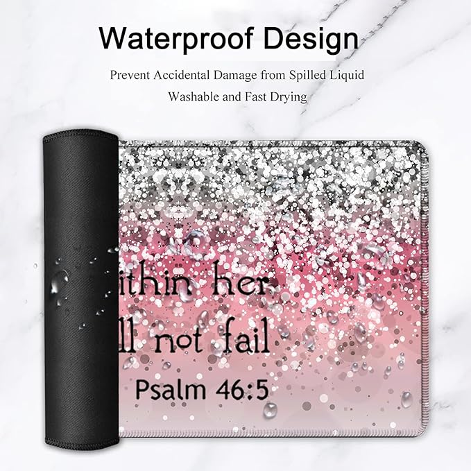 Large Gaming Mouse Pad, Extended Waterproof Desk Pad Protector (31.5" x 11.8") Ergonomics Memory Foam Mouse Wrist Rest Support, for Home Office Laptop Easy Typing, Psalm 46:5 Pink Glitter Mouse Mat
