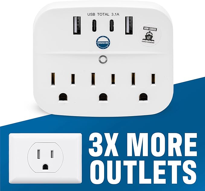 Cruise Approved Power Strip Foldable, Non Surge Protector Travel Power Strip, 2 USB-C, 2 USB, 3 AC Outlet Plugs - Cruise Essentials for Carnival, Celebrity, Princess & Major Lines in 2026 & 2027