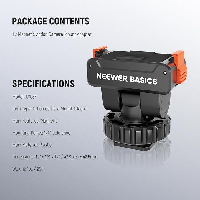 NEEWER Basics Magnetic Cold Shoe Mount Adapter Compatible with DJI OSMO Action 3 4 5 Pro Nano 360 Action Cams, Quick Release with 1/4" Screw Hole for Camera Hot Shoe Mini Tripod Selfie Stick, AC037