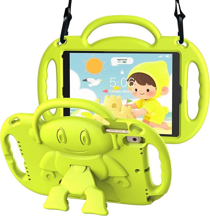 Kids Case for iPad 5th/6th Generation (9.7 inch, 2017/2018) & iPad Air 1/2 9.7" & Pro 9.7, Durable Shockproof Lightweight Kids Cover with Shoulder Strap/Handle/Kickstand, Light Yellow