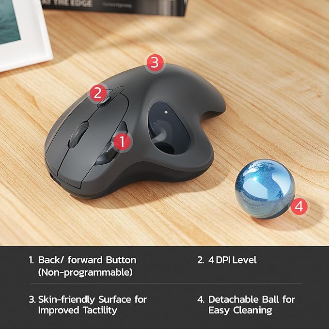 Nulea M501 Wireless Trackball Mouse, Rechargeable Ergonomic, Easy Thumb Control, Precise & Smooth Tracking, 3 Device Connection (Bluetooth or USB Receiver), Compatible for PC, Laptop, Mac, Windows.