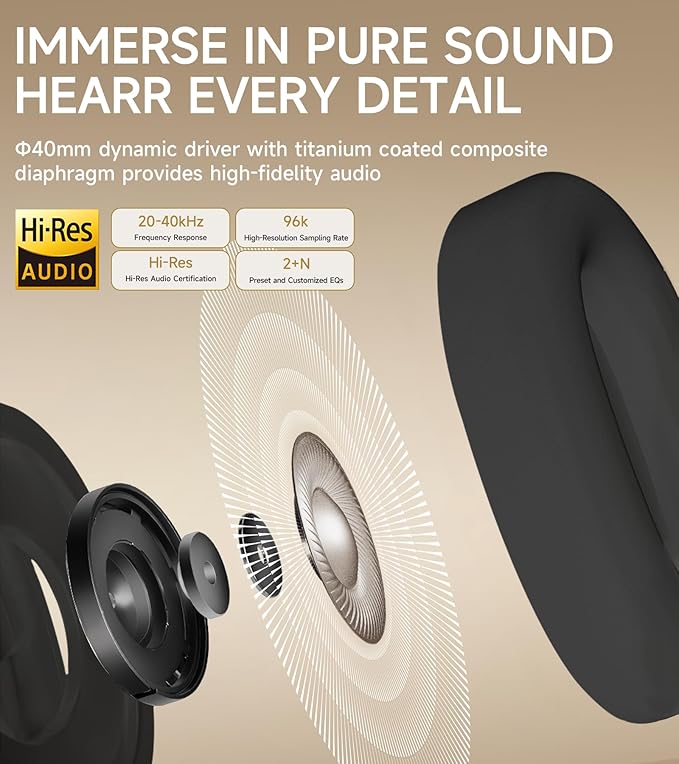 Atom Max Hybrid Active Noise Cancelling Over-Ear Headphones - Hi-Res Audio with Microphone, Volume Control, 45H Playtime, Fast Charging, Bluetooth 5.4, App Customization, Foldable Headset, Black