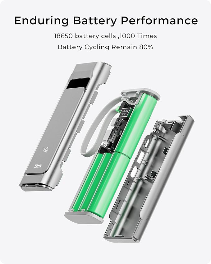 TALIX 100W Laptop Portable Charger,3-Port USB-C Fast Charging Power Bank 10000mAh Battery Pack with Built-in Retractable Cables for MacBook,Computer,Cell Phones,iPhone 17,iPad,Android,Samsung,Silver