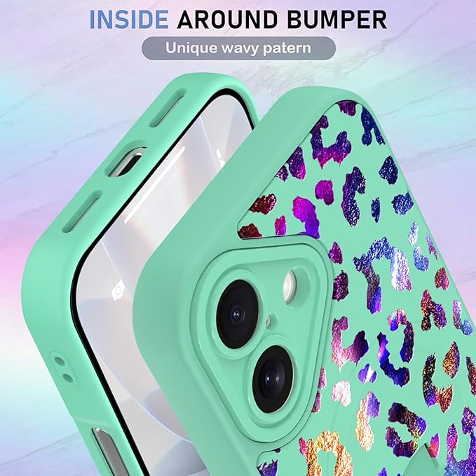 KANGHAR Compatible with iPhone 17 Case, Support for MagSafe, Silicone Cute Iridescent Leopard Cheetah Pattern, Wristband Kickstand Shockproof Protective Slim Cover for Women Girls, Green