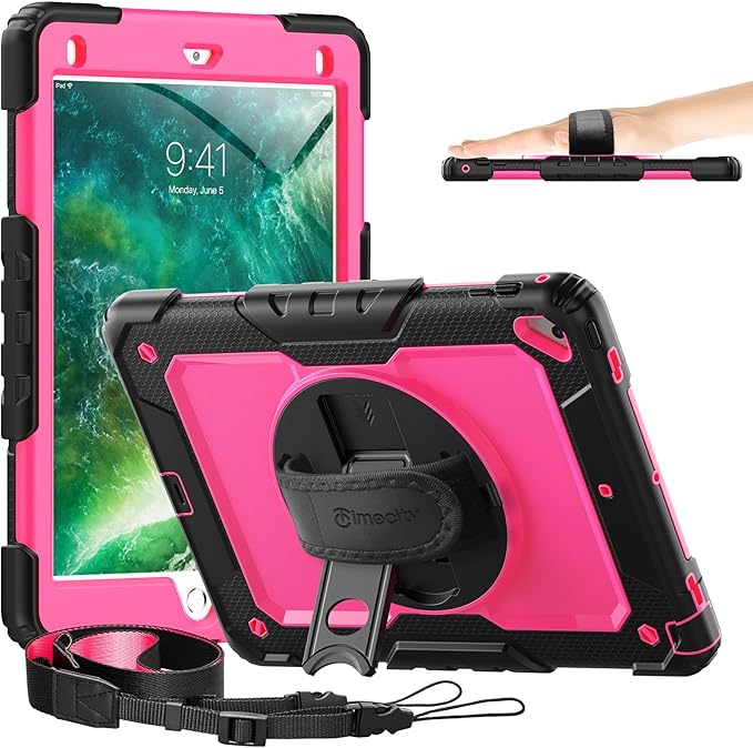 Timecity Case for iPad Air2/ for iPad 6th/5th Generation 2018 2017, for iPad Pro 9.7 Case, with Screen Protector Pencil Holder Rotating Stand/Strap Full-Body Silicone+PC Protective Case- Rose