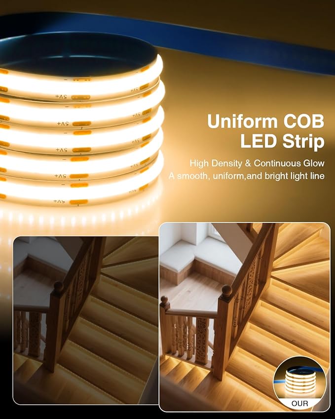Aclorol COB LED Strip Light 5V USB Dimmable LED Strip Light 3000K Warm White 3.28FT Rope Lights Flexible and Cuttable for Bedroom Wardrobe Kitchen Cupboard Staircase Home DIY Lighting 320LEDs (2 PACK)