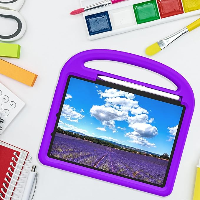 Kids Case for Apple iPad Air 11-inch M3 (2025) /M2 (2024) with Pencil Holder/Handle/Kickstand Lightweight Soft EVA Foam Shockproof Stand Tablet Cover for iPad Air 11" M3/M2, Purple Bird