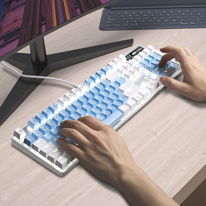 MageGee Mechanical Gaming Keyboard, New Upgraded Blue Switch 104 Keys White Backlit Keyboards, USB Wired Mechanical Computer Keyboard for Laptop, Desktop, PC Gamers(White & Blue)