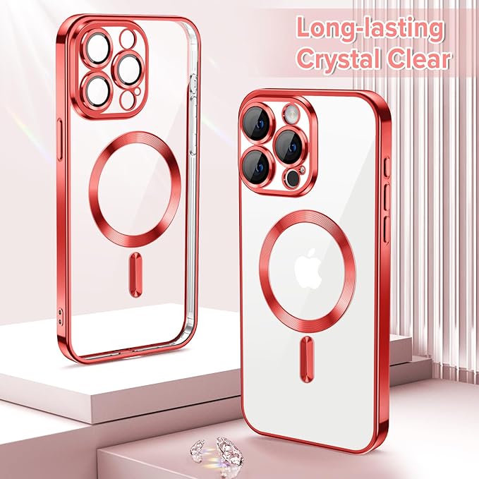 Hython Magnetic Clear for iPhone 15 Pro Max Case with Camera Lens Protector [Compatible with MagSafe] Plating Edge Slim Soft TPU Cover Protective Phone Case for iPhone 15 Pro Max 6.7", Red