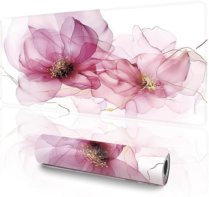 XL Abstract Floral Mousepad (35.4 x 15.7 Inch), Extra Large Pink Fluid Art Desk Mat, Dreamy Rose & Gold Vein Pattern, Waterproof Gaming Keyboard Surface, Aesthetic Table Cover