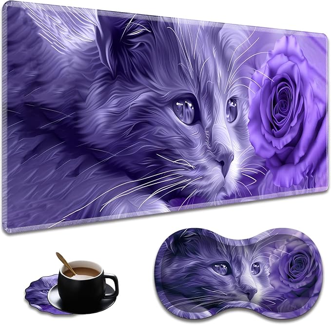 Ergonomic Purple Flower&Cat Extended Mouse Pad 31.5" x 11.8" Set, with Wrist Rest & Lace Coasters, Pain Relief Design, Non-Slip Desk Mat for Home & Gaming