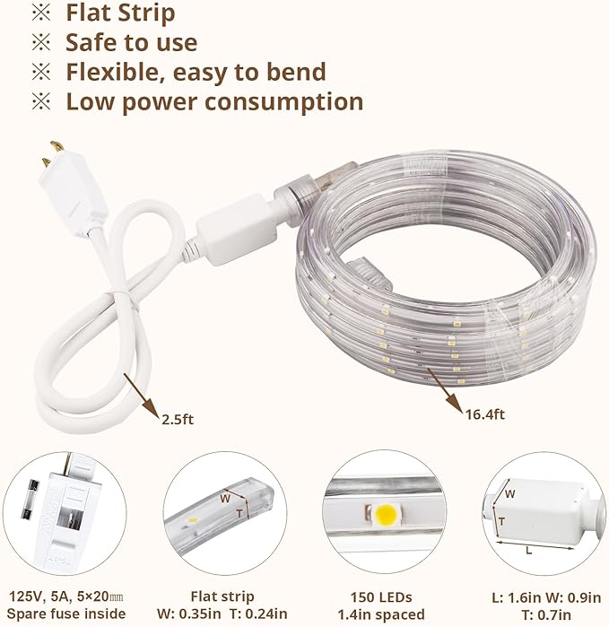 LED Rope Lights, 16.4 Feet Blue Flat Flexible Strip Light, Plug in Novelty Lighting, Connectable and Waterproof for Home Christmas Holiday Garden Patio Party Decoration