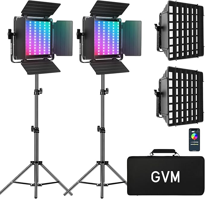 GVM 800D RGB LED Light Panel, 2 Packs Video Lighting Kit with 2 Softboxes, Continuous Output Lighting for YouTube Studio, Gaming, Streaming, 3200K-5600K, CRI 97+,18 Lighting Effects, APP Control