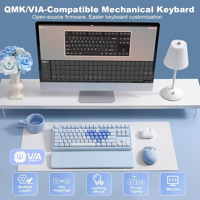 YUNZII B87 Wireless Mechanical Keyboard,QMK/VIA Programmable,TKL Layout 87 Keys,BT/2.4G/USB-C,Hot Swap Gasket Mount RGB Backlit Gaming with Wrist Rest for Win/Mac (Blue Heart, Cocoa Cream V2)