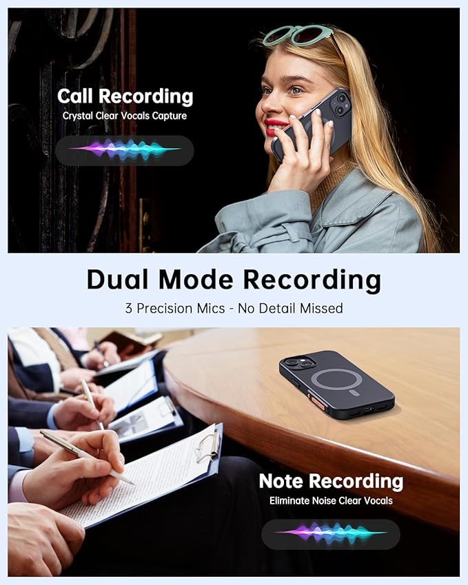 Yorlu AI Voice Recorder, AI Recorder Phone Case with Transcribe＆Summarize, AI Noise Cancellation, 80+ Language Translation with APP, 32GB Magnetic Note Voice Recorder for Calls, Meetings