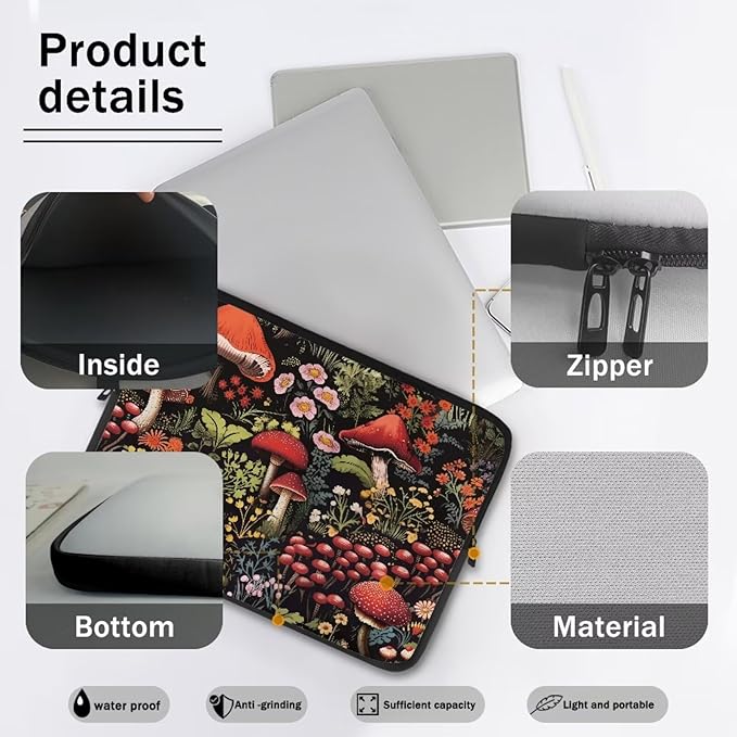 Mushroom Laptop Protective Sleeve for Women Men 10 inch Flower Computer Sleeve Neoprene Laptop Bag Lightweight Lap Top Case Suitable for Travel School Office Organizers Black