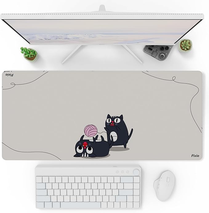 Pixio Mouse Pads - 36 x 16 inch XXL Playful Cats (Center) Beige Multifunctional Large Desk Mats for Gaming, Office, Desktop Anti-Slip Waterproof Washable Computer Mouse Mat