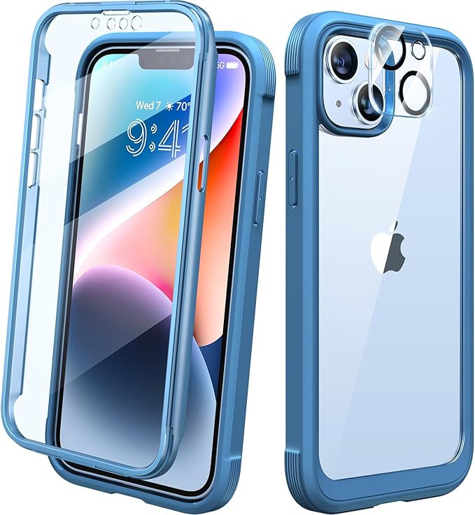 Diaclara Designed for iPhone 14 Case, Full Body Rugged Case with Built-in Touch Sensitive Anti-Scratch Screen Protector, with Camera Lens Protector for iPhone 14 6.1" (Blue and Clear)