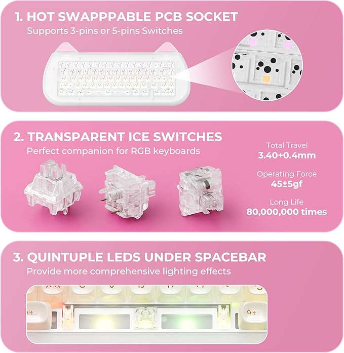 XVX C67 Wireless Mechanical Keyboard Cute Design, 60% Gaming Creamy Keyboard Custom QMK/VIA, BT5.0/2.4G/USB-C Mode, Hot Swappable Linear Switch RGB Backlits, Gasket Mount for Win/Mac(AcriCat, Pink)