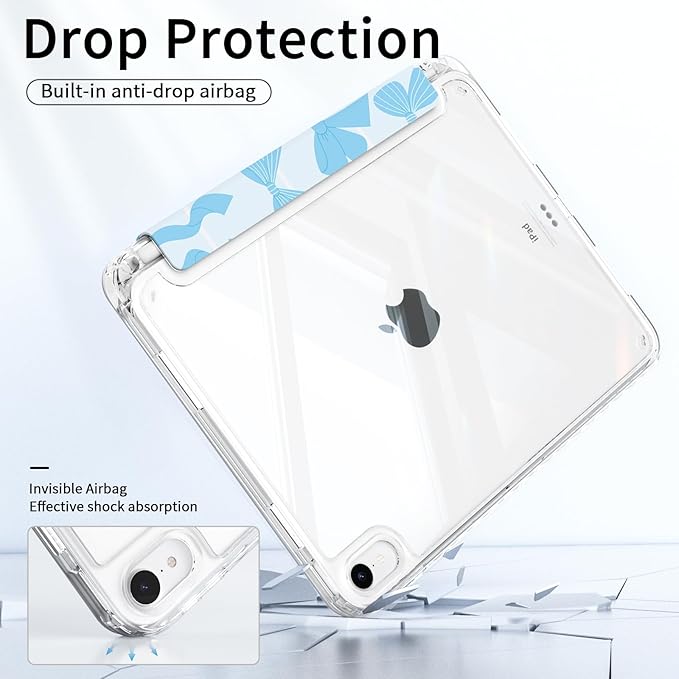 Slim Case for iPad 11th Generation A16 Chip 2025, iPad 10th Generation Case 10.9" 2022 with Pencil Holder, Protective Transparent Clear Back Cover, Trifold Stable Stand, Blue Bows