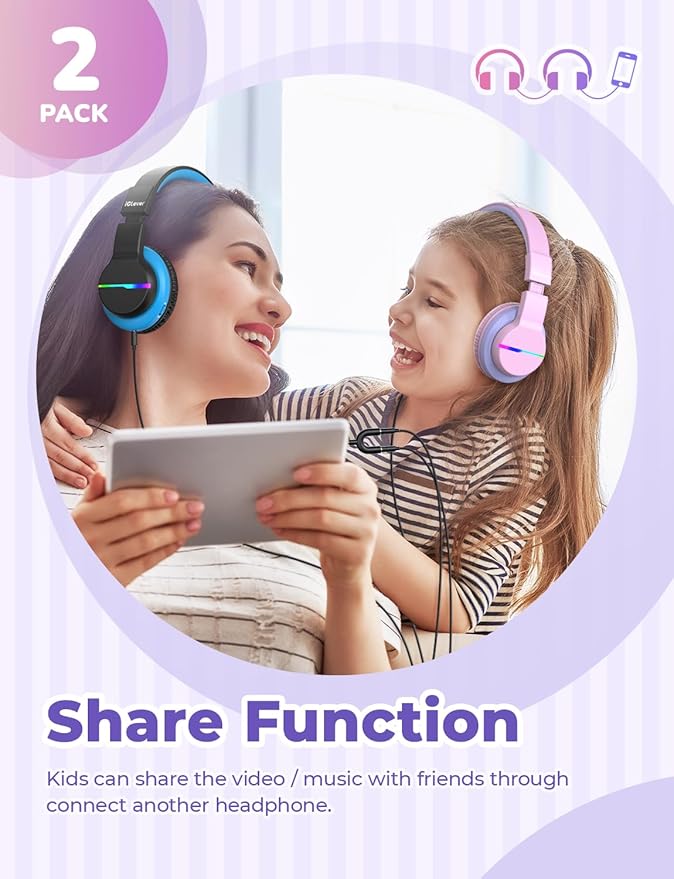 iClever BTH12 Kids Bluetooth Headphones 2 Pack,Colorful LED Lights,74/85dBA Safe Volume,85H Playtime,Bluetooth 5.2,Over Ear Kids Headphones Built-in Mic for iPad/Tablet/Airplane, Pink & Black