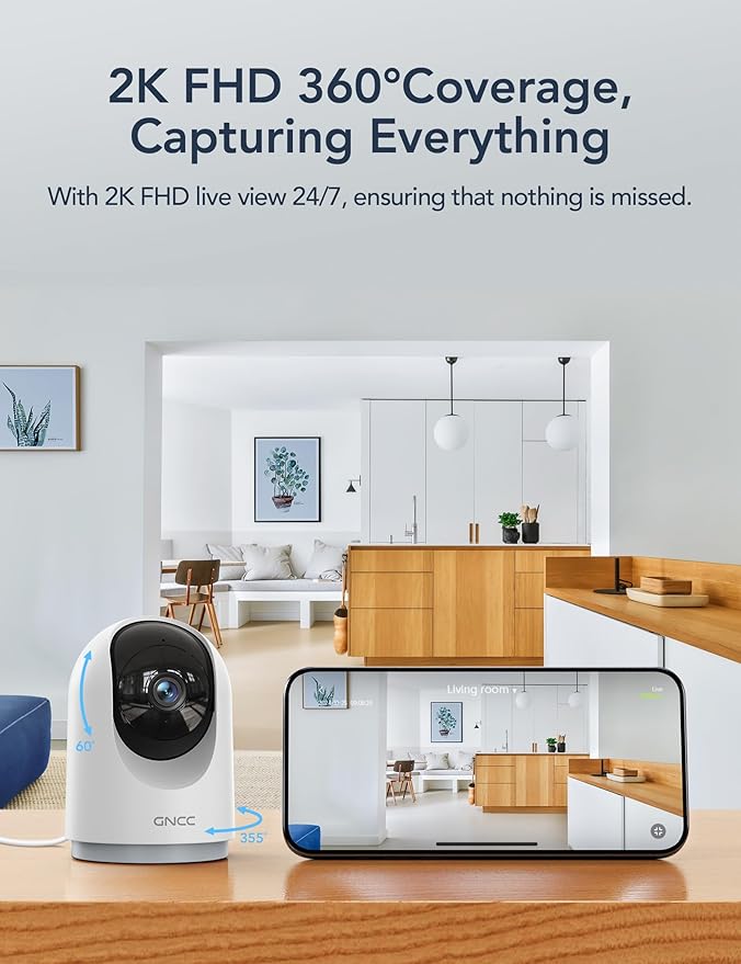 GNCC 2K Security Cameras 4pcs, Home Security Camera Indoor with 360° Motion Detection for Pets/Baby/Dog, Two-Way Audio, Night Vision, 24/7 SD Card Storage, Cloud Storage, Compatible with Alexa