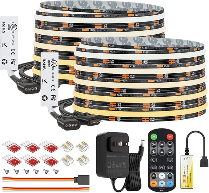 BTF-LIGHTING FCOB COB CCT 12VDC LED Strip Kit UL Listed Flexible High Density 640LED/m 32.8FT RF Remote Controller Tunable CT 2700K-6500K CRI 90+ for Bedroom Kitchen Under Cabinet Indoor