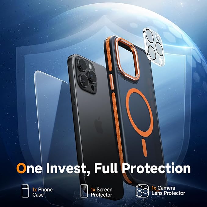 Magnetic 3 in 1 for iPhone 15 Pro Case, [Omni-Directional Protection] with 1x Screen Protector + 1x Camera Cover, [Seamless Work with Magsafe] Protective Silm Case for iPhone 15 Pro Cosmic Orange