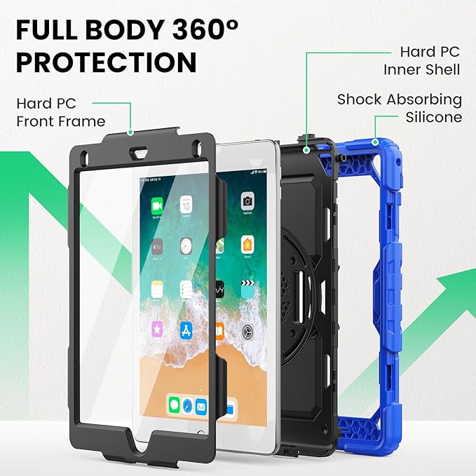 SEYMAC Case for iPad 6th/5th Generation 9.7 Inch, Full-Body Shockproof Heavy Duty Protective Case with Screen Protector, Rotating Stand/Hand/Shoulder Strap for iPad Air 2/ Pro 9.7, Blue