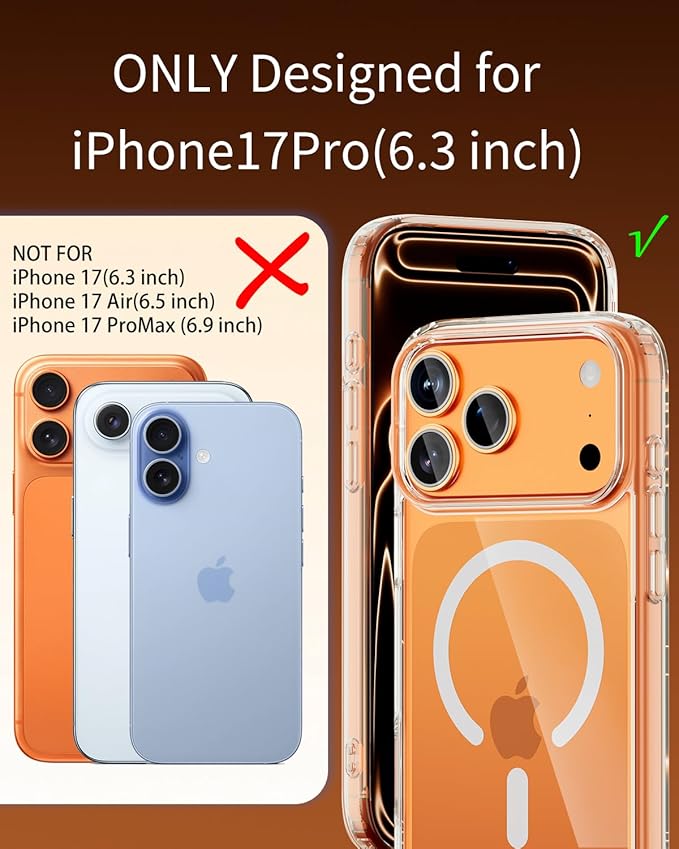 for iPhone 17 Pro Case, Compatible with MagSafe, Magnetic Slim Cover, Anti-Yellowing & Shockproof, Full Camera Protection, Includes Screen & Lens Protectors, Clear Protective Case