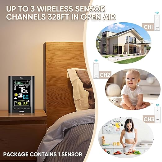 Weather Station Wireless Indoor Outdoor Thermometer， Inside Outside Temperature Humidity Monitor，with 330ft Range Sensor and Adjustable Backlight (Black)