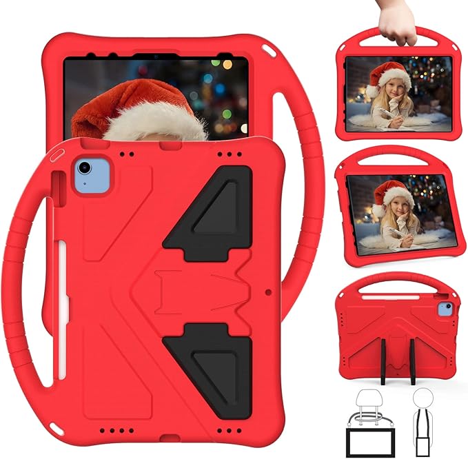 Shockproof Case for Apple iPad A16 11 Inch 2025 11th Gen/iPad 10th Generation 2025 10.9", with Shoulder Strap Soft EVA Handle Design Foldable Kickstand Kids Friendly Cover for Girls Boys, Red