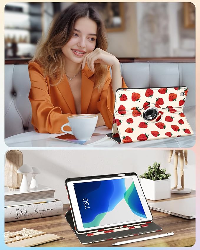 Kidcube for iPad Air 3rd Generation Case/Pro 10.5 Inch Case - Women Girls Kids Cute Rotating Stand Folio Cover with Pencil Holder & Card Slot Pretty Strawberry Design Cover for iPad Pro 10.5''/Air 3rd