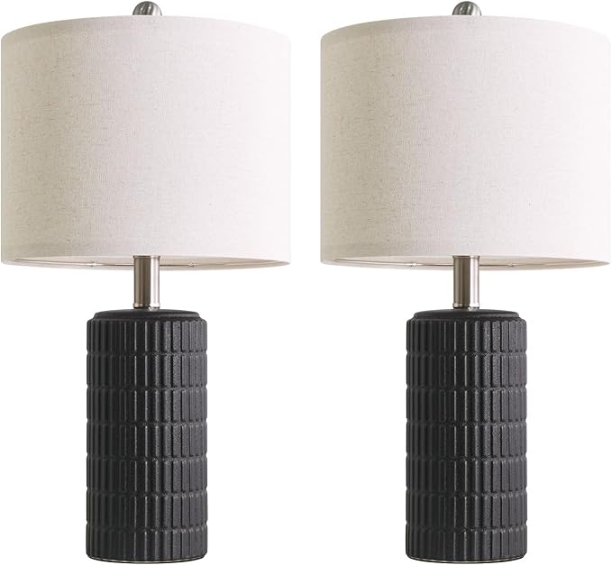 PoKat Small Table Lamps Set of 2 for Bedroom, 20.75'' Matte-Textured Farmhouse Ceramic Bedside Lamps for Night Stands, Stone-Like Modern Lamps for Living Room End Table Hallway Entryway Decor Black